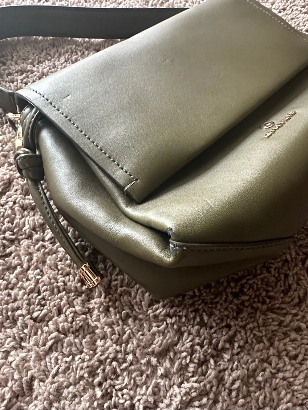 Michael Kors Olive Green Leather Shoulder Bag with Gold Accents